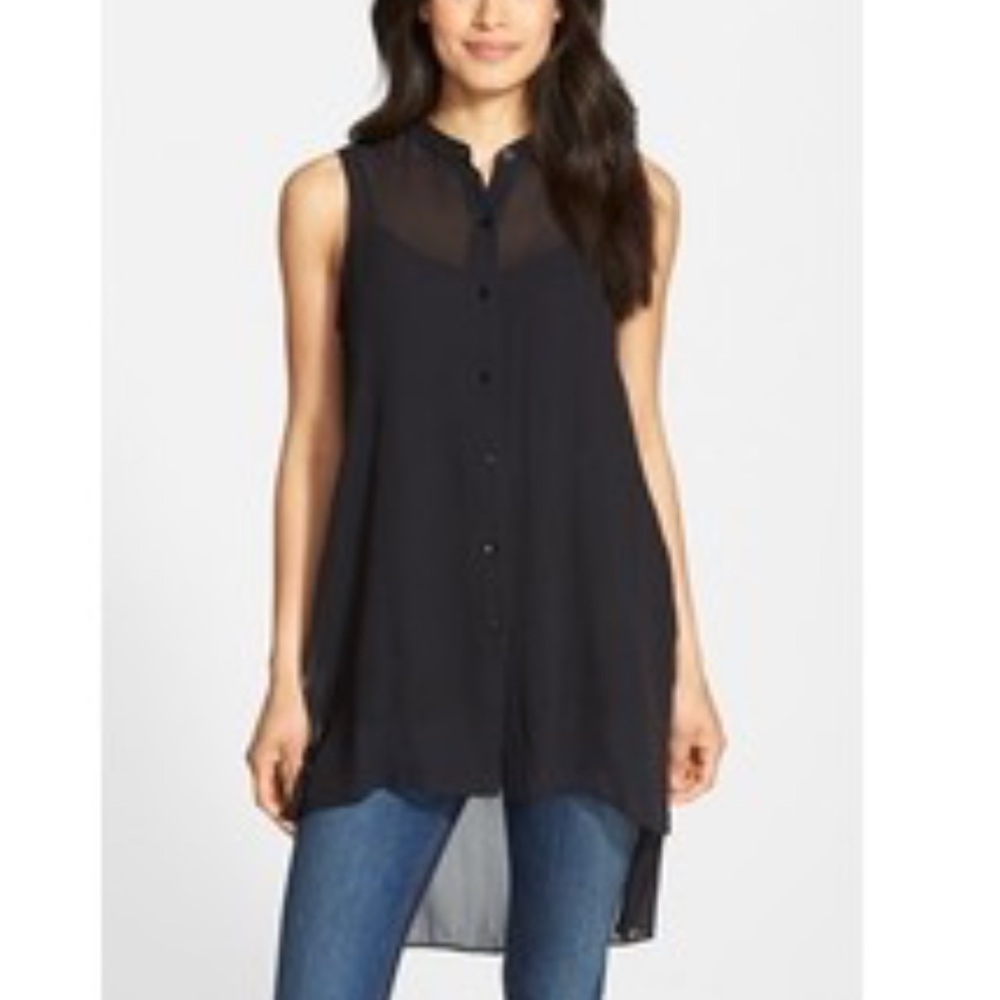 Eileen Fisher Petite M‎ 100% Silk Mandarin Collar Button Sleeveless High Low Top